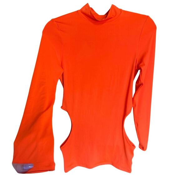 Oh Polly NWT Outsider Bodycon Mini Dress Long Sleeve Cut Out Neon Orange Size 6 - Picture 6 of 14
